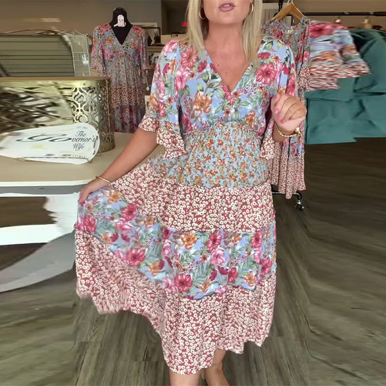 Kleid V-Ausschnitt Lotusärmel Blume