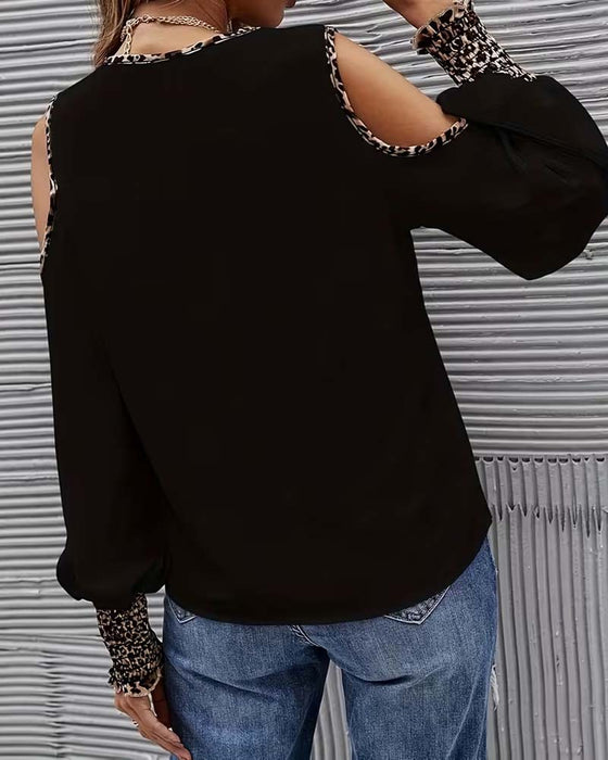 Bluse Off-Shoulder Leopard Patchwork Langarm