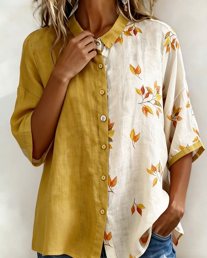 Hemd Farbblock Ahornblatt Druck Leinen