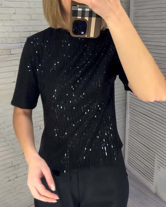 Figurformende Pailletten T-Shirt mit kurzen Ärmeln
