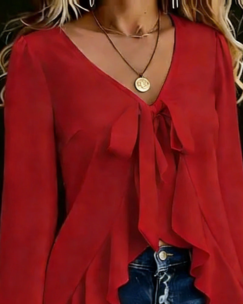 Bluse V-Ausschnitt Bindeband vorne Rüschen