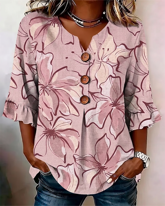 Bluse V-Ausschnitt Blumen Rüsche 3/4-Arm