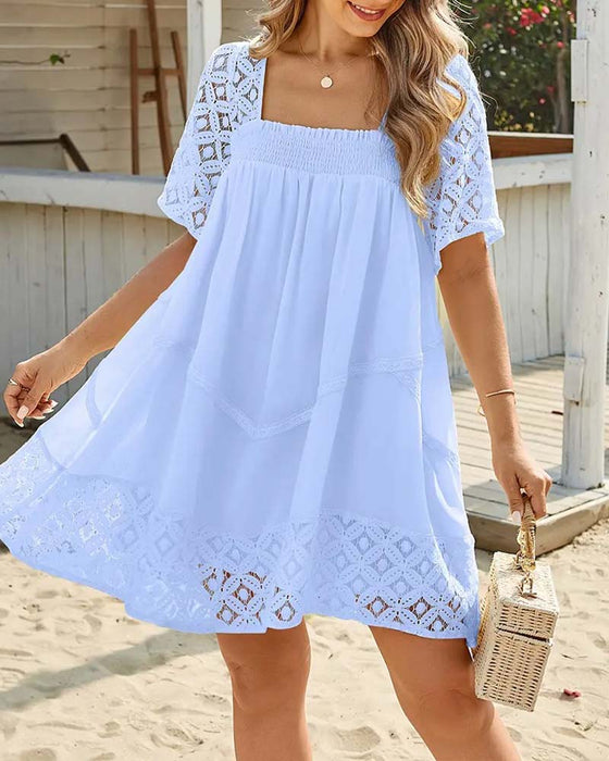 Kleid Quadratischer Ausschnitt Spitze Patchwork Einfarbig