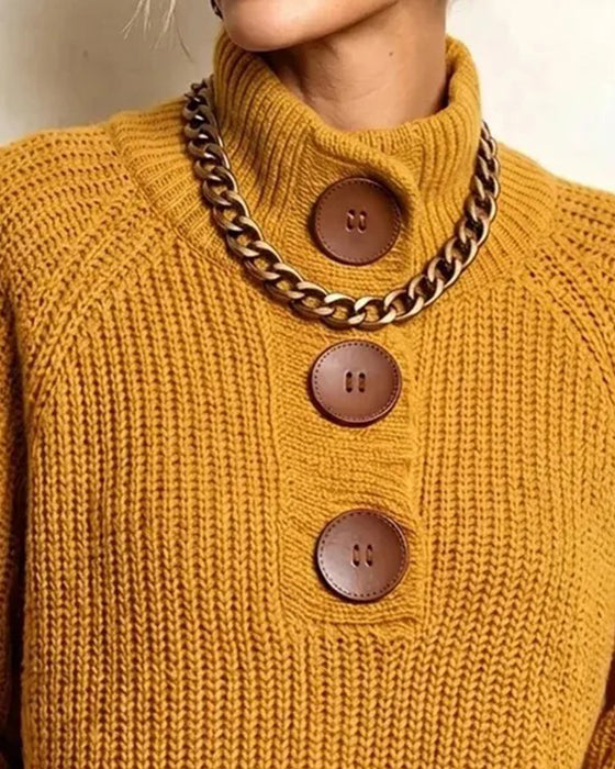 Pullover Turtleneck Geknöpft Raglanärmel