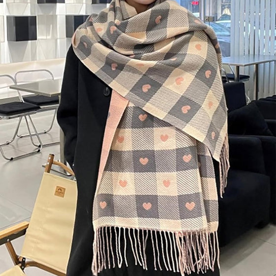 Cozy Heart Plaid Scarf – Weicher Winter-Wrap Für Mädchen Oder Paare