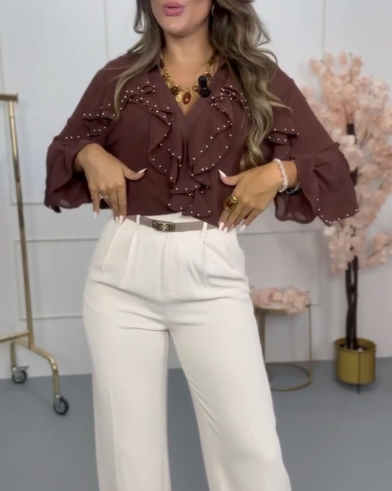 Bluse stylisch V-Ausschnitt gerüscht Perle