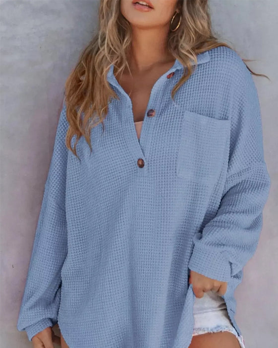 Bluse Unifarben Knopf-Leiste Locker Revers