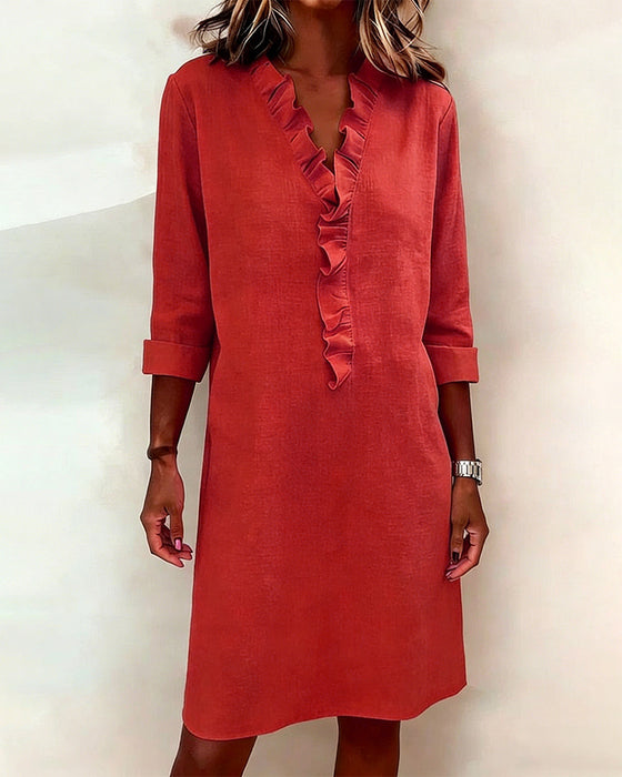 Kleid gerüscht V-Ausschnitt einfarbig