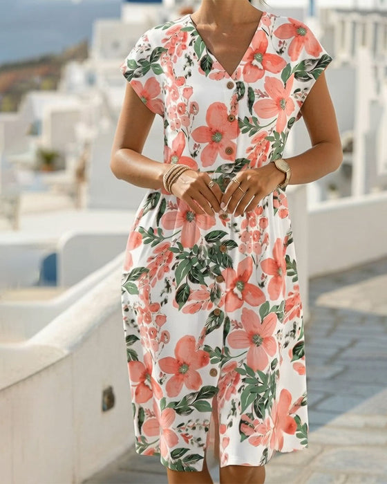 Kleid Blumendruck V-Ausschnitt Kurzarm