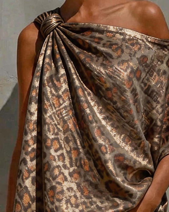 Bluse Goldfolie Leopard Ein-Schulter Twist