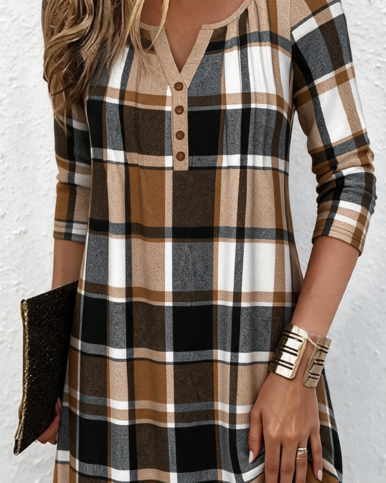 Kleid V-Ausschnitt Knopf Karo