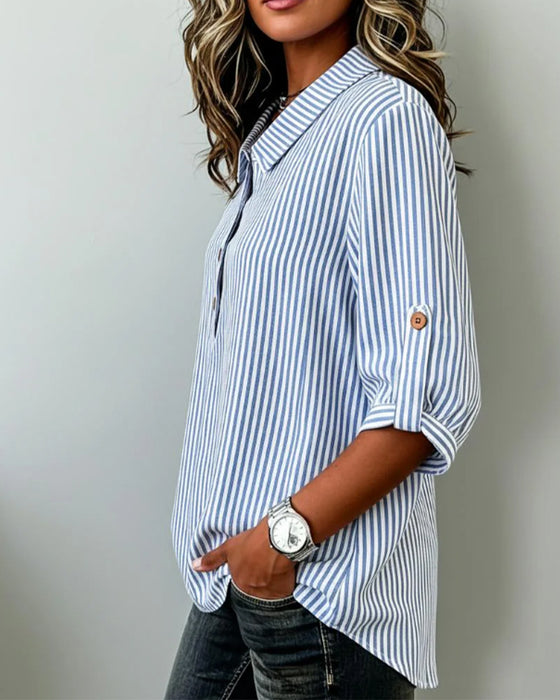 Bluse Lässig Gestreift Henley