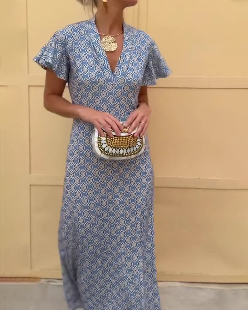 Kleid V-Ausschnitt Diamant Print Rüschenärmel