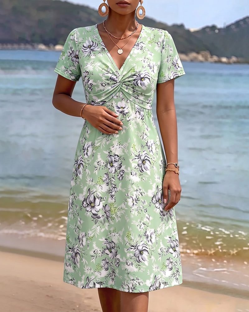 Kleid Blumen V-Ausschnitt Twist Knoten