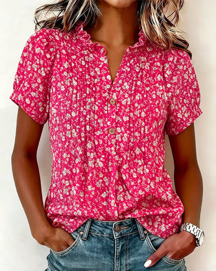 Bluse V-Ausschnitt Knopf Blumenprint