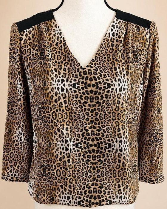 Top V-Ausschnitt Leopardenmuster Dreiviertelarm