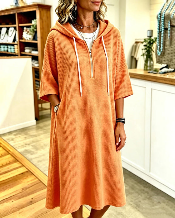 Kleid Reißverschluss Waffel Kapuze Dreiviertel-Ärmel