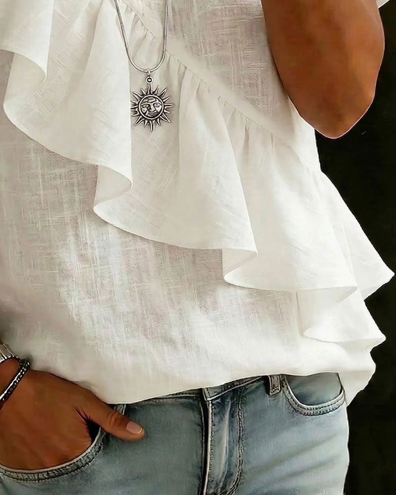 Bluse V-Ausschnitt Kurzarm Rüschen