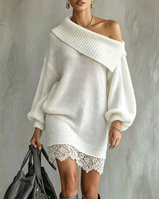 Strickkleid Schräger Ausschnitt Laternenärmel Patchwork Spitze