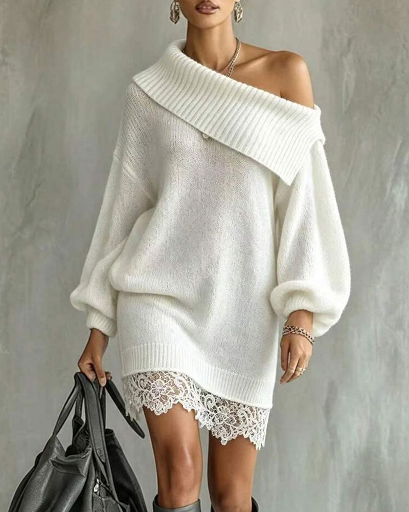 Strickkleid Schräger Ausschnitt Laternenärmel Patchwork Spitze