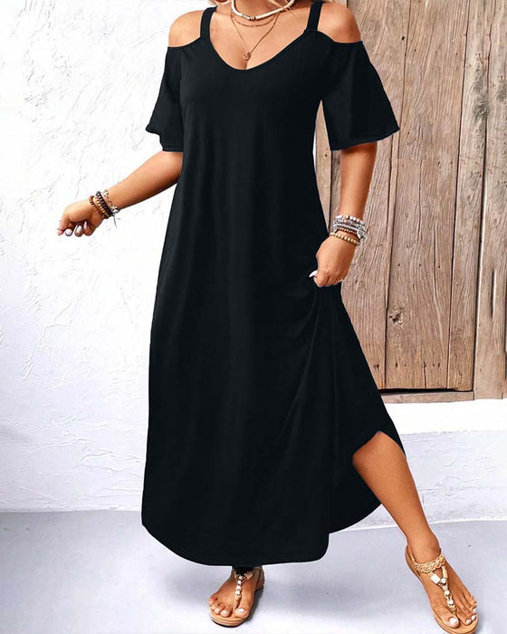 Kleid Einfarbig V-Ausschnitt Off-Shoulder Lang