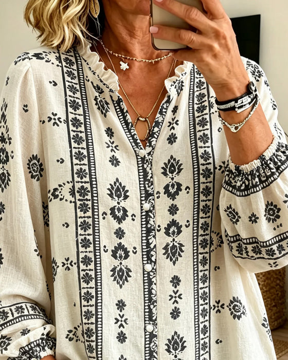Bluse V-Ausschnitt Spitzen-Besatz Puff-Ärmel Druck
