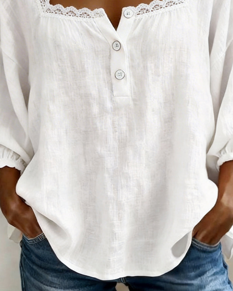 Bluse mit eckigem Ausschnitt Spitze Puffärmel