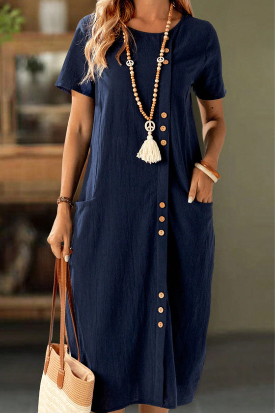 Kleid Geknöpft Kurzarm Tasche Shift