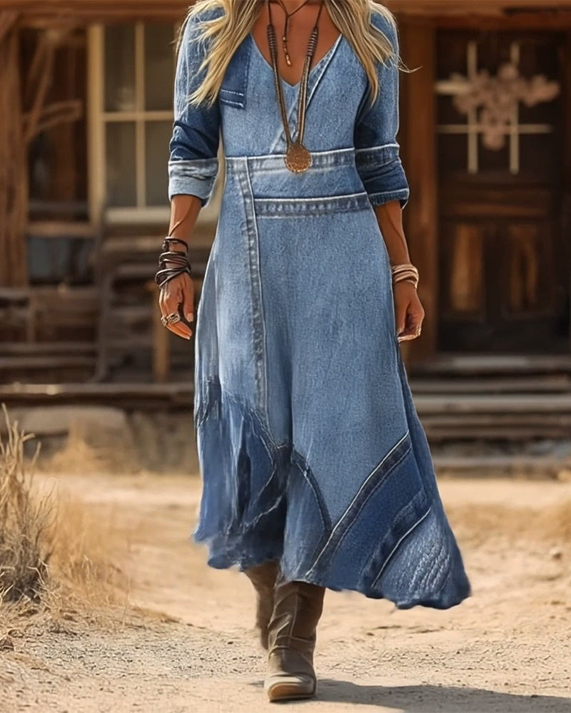 Kleid im Retro-Stil mit V-Ausschnitt, langen Ärmeln und Print