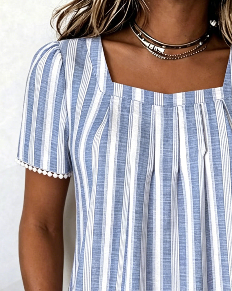 Bluse Gestreift Eckiger Ausschnitt Kurzarm