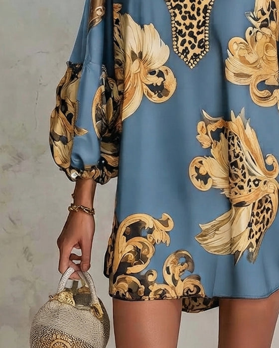 Kleid Leopard Laterne Ärmel Stehkragen Druck