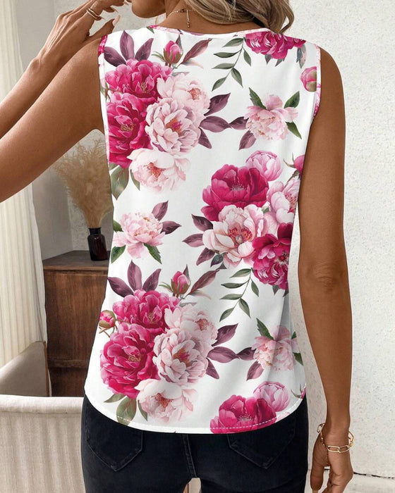 Ein Rundhalsiges Ärmelloses Bluse Mit Rosenmuster