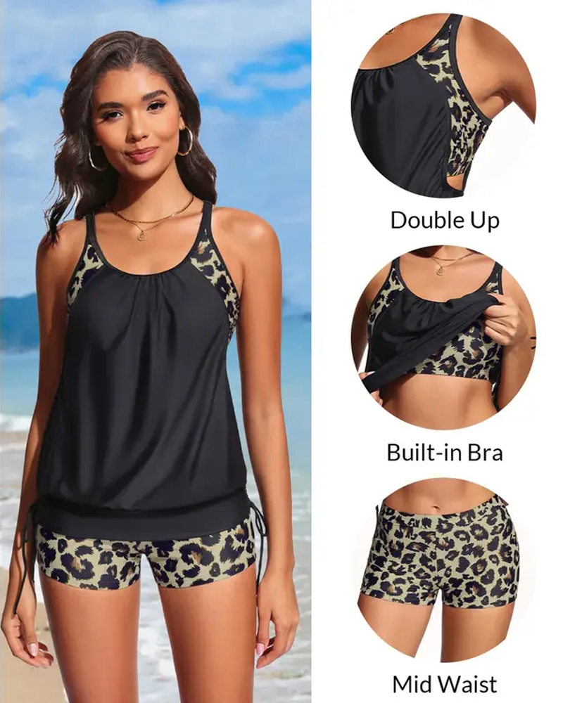 Tankini Ärmellos Leopard Patchwork Kordelzug