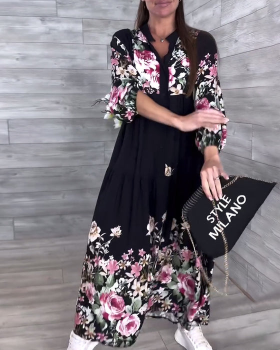 Kleid Blumenmuster Lässig Laternenärmel
