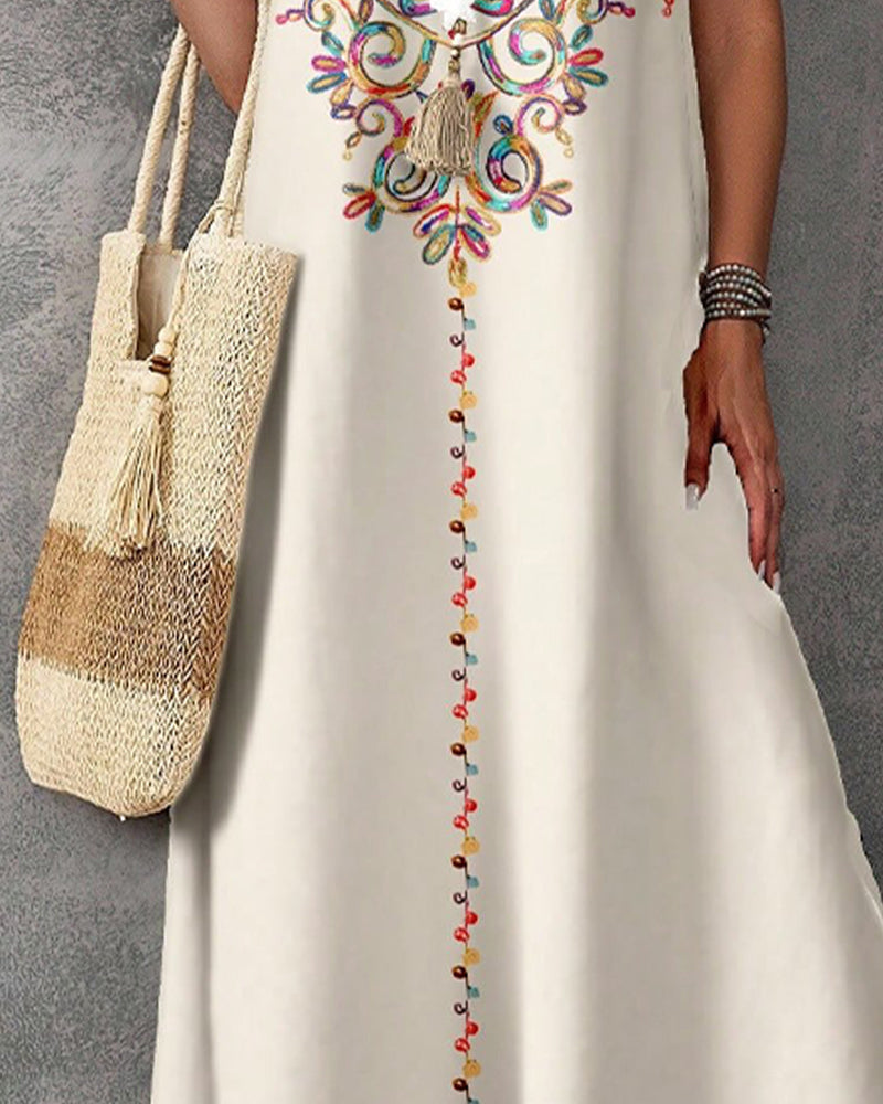 Kleid Ethno-Stil Print Ärmellos Schlitz Lang