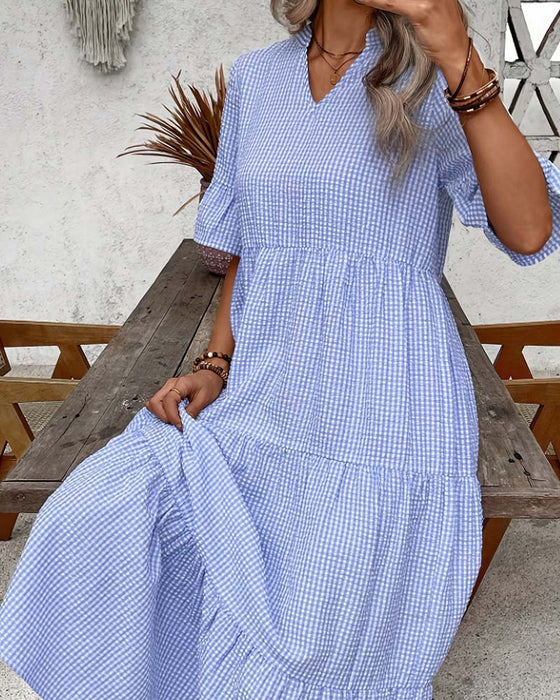 Kleid Blau Weiß Gingham V-Ausschnitt