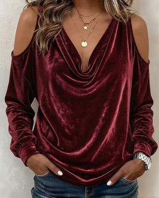 Bluse Samt Bardot Cowl Neck Langarm