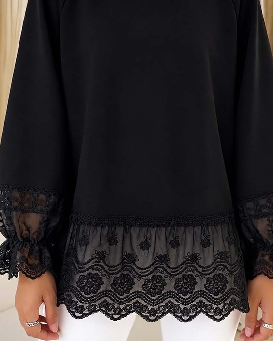 Bluse Patchwork Langarm Rundhals