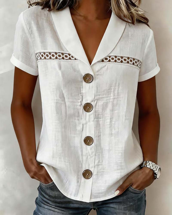 Bluse V-Ausschnitt Knopf Ausschnitt Uni