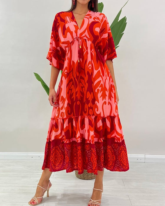 Kleid V-Ausschnitt Blumen Print A-Linie