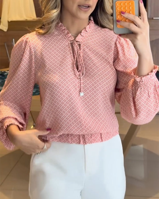 Bluse Puffärmel Stehkragen Karo