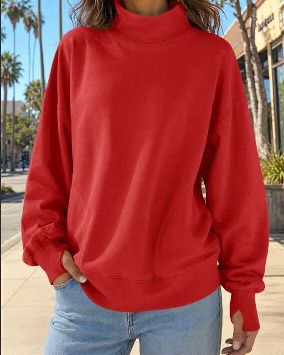 Sweatshirt Hoher Hals Abgesenkte Schulter Unifarben