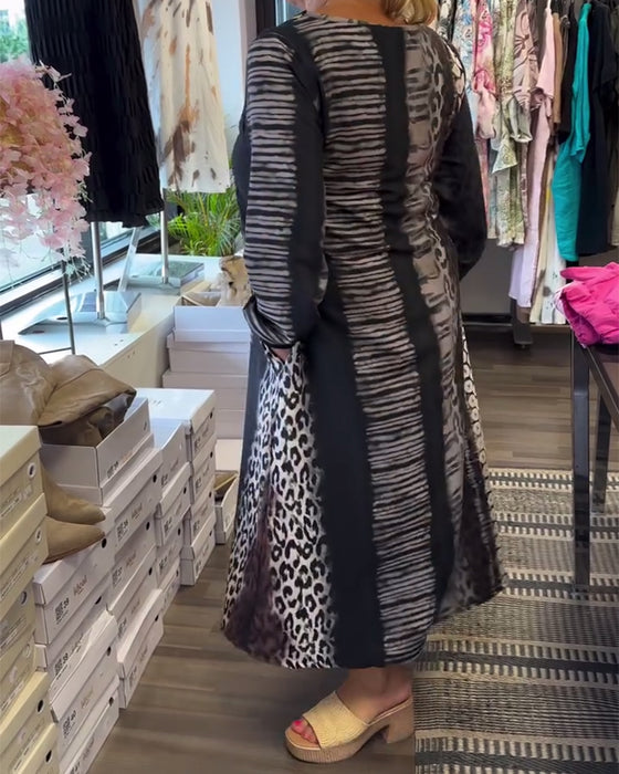 Kleid Leopardenprint V-Ausschnitt Langarm
