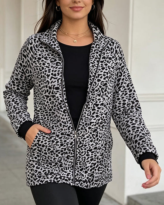 Mantel Leopard Stehkragen Reißverschluss