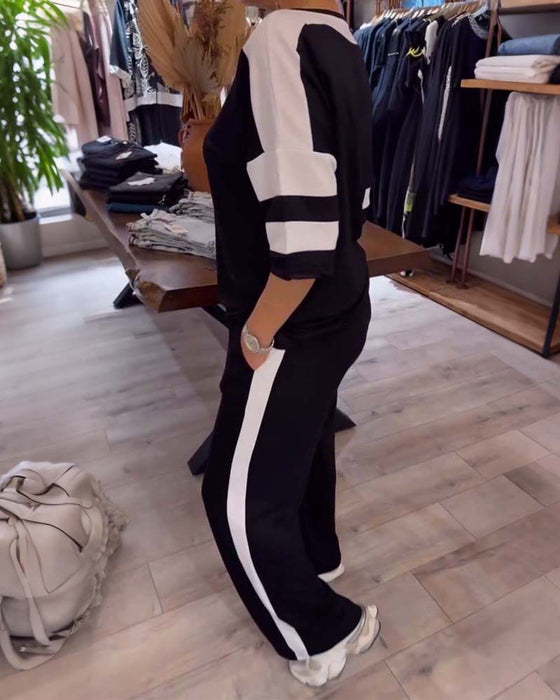 Set kurzärmlig Kontrastfarbe lässige gerade Hose