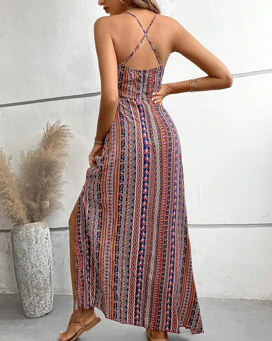 Kleid Spaghettiträger Print Strand Schlitz
