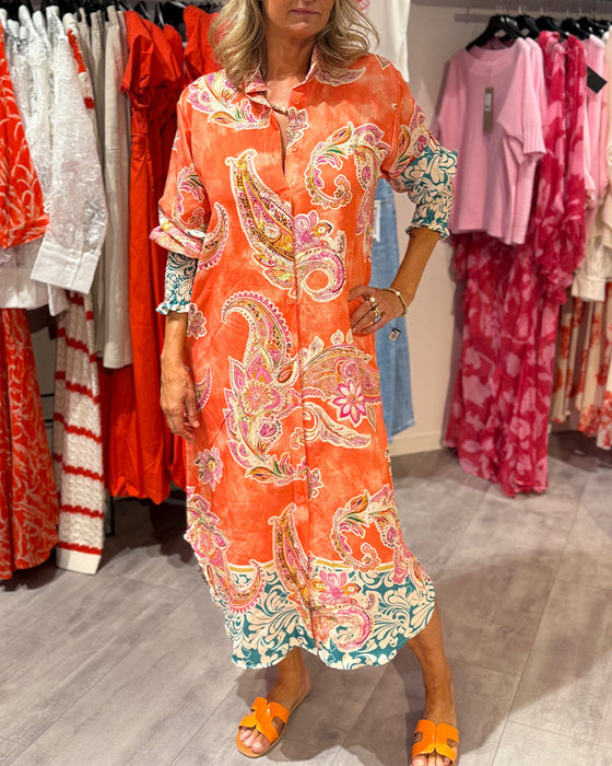 Kleid Stehkragen Langarm Cashew Druck