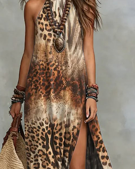 Kleid Hochgeschlitz Trägerlos Leopardenmuster