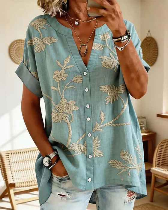 Bluse V-Ausschnitt Mit Print Kurzarm