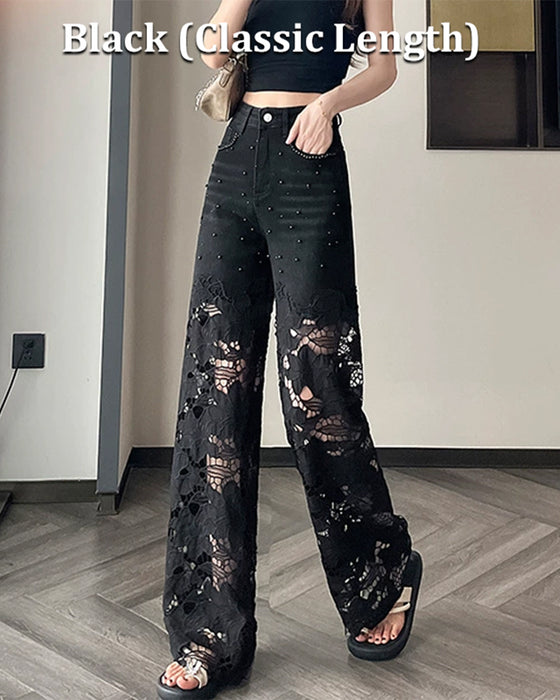 Jeans Damen Strass Ausschnitt Weites Bein